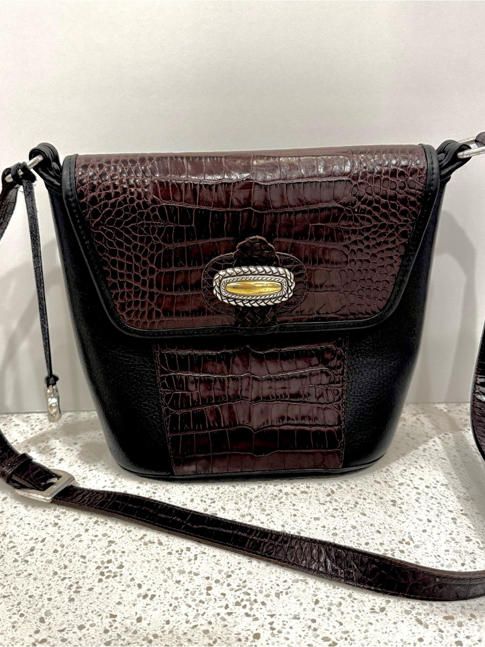 Brighton Black and Dark Brown Croc-Effect Leather Crossbody Bag